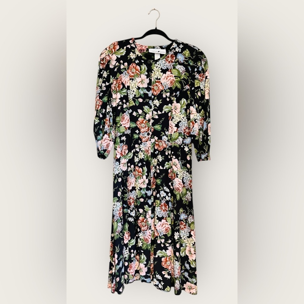🌸 Vintage Jonathan Martin Black Floral Midi Dress | Romantic Long Sleeve
